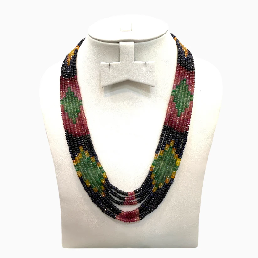 Natural Multi Sapphire ,Ruby & Emerald Beads Necklace 4.5 mm
